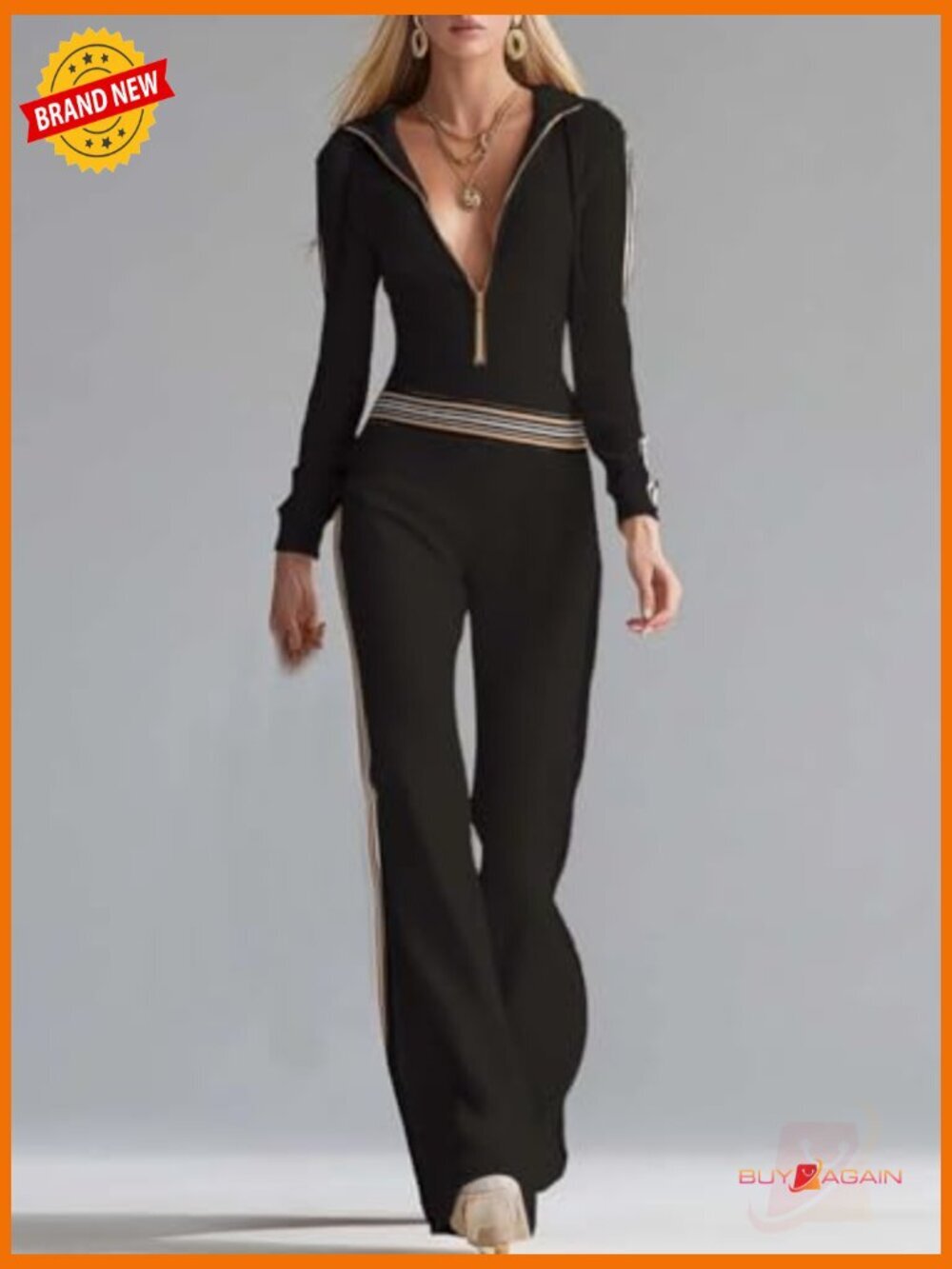 Women's Knit Jumpsuit Hooded Zip-Front V-Neck Long Sleeve Casual Pantsuit Romper - Picture 2 of 2